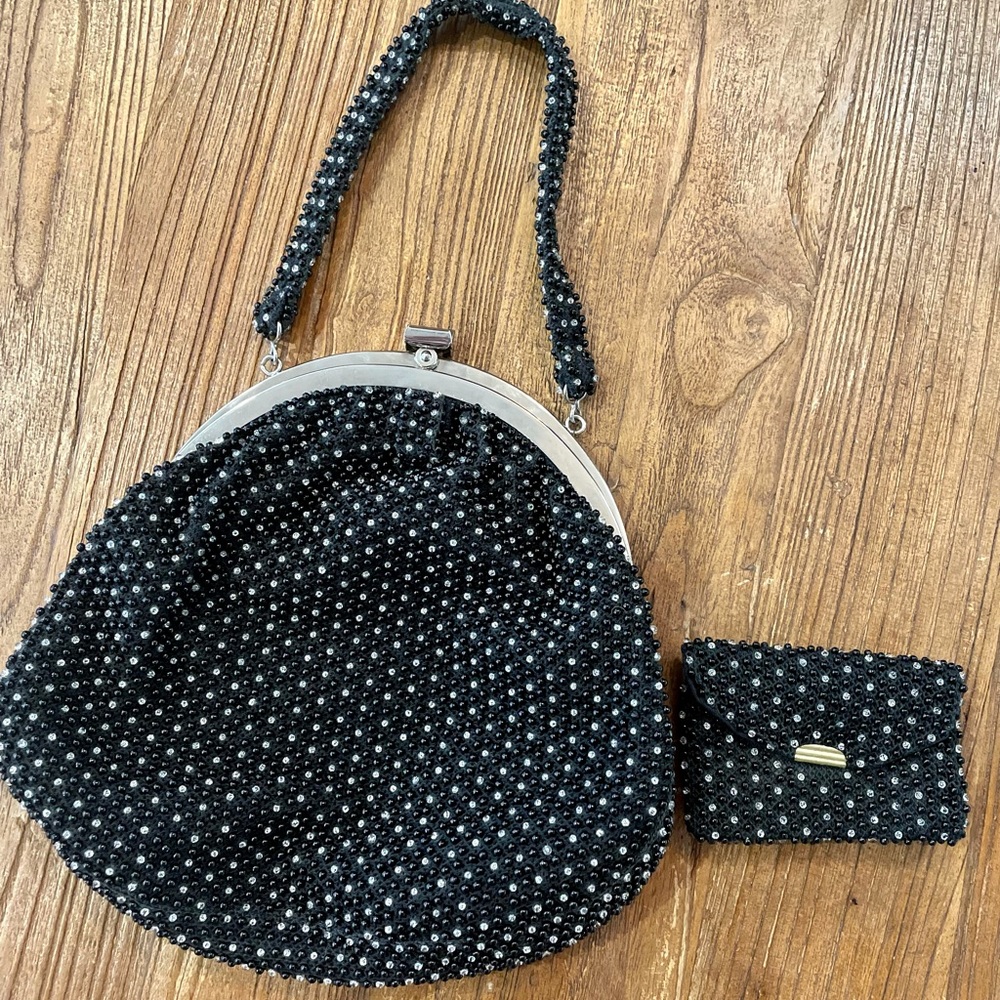 Vintage Beaded bag w/matching coin purse. Black with clear beads. Like new.